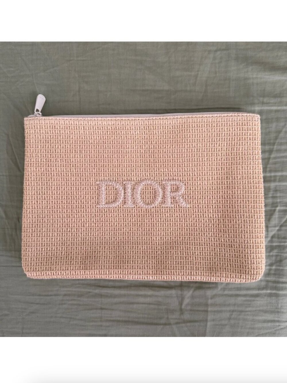 Dior Beauty Tan Cream Raffia Straw Bag Clutch Zip Pouch Lined Interior